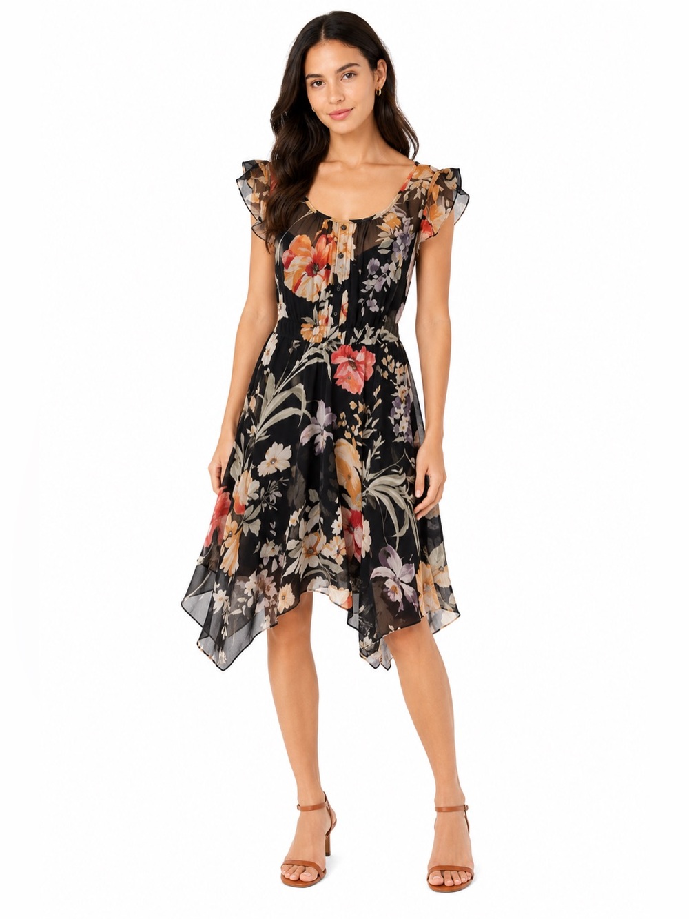 American Rag Floral Sheer Dress Boho Cottagecore Flutter Sleeve Handkerchief Hem